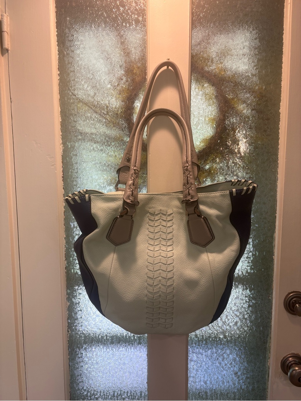 orYANY Cream and Navy Braided-Accent Tote